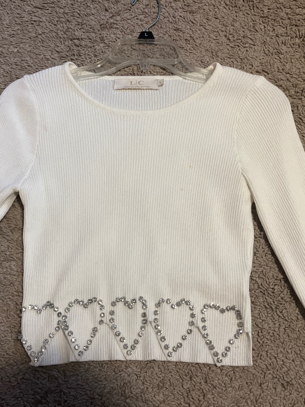 LC Lauren Conrad White Ribbed Rhinestone Heart Crop Top Size Small
